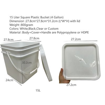 15L/4 Gallon vierkant plastic emmer met warmteoverdruk en gemakkelijk te openen deksel